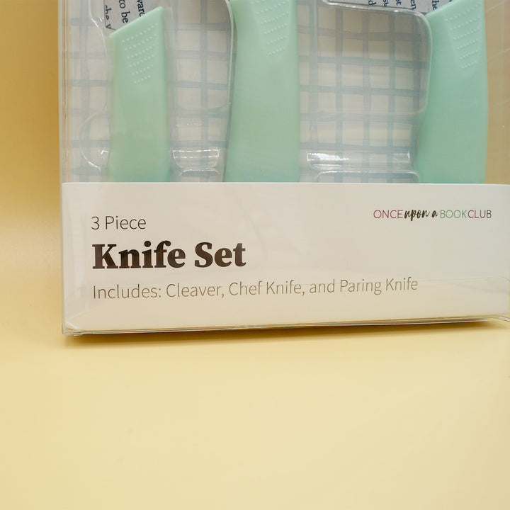 a box set of 3 knives with seafoam green handles - cleaver, chef knife, and paring knife