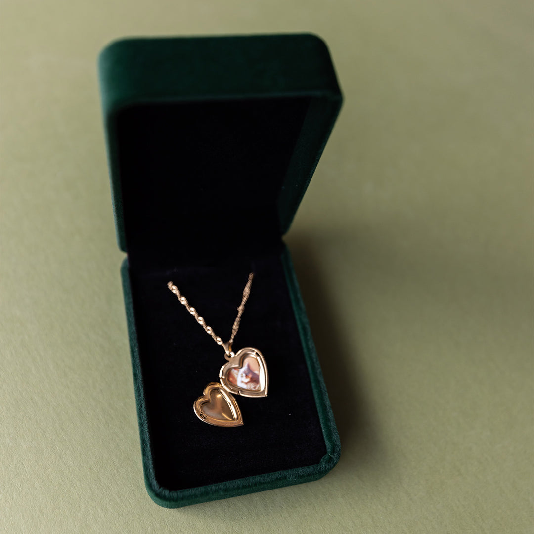 An open gold heart-shaped locked necklace with a photo of a cat inside, laying in a dark green jewelry case.