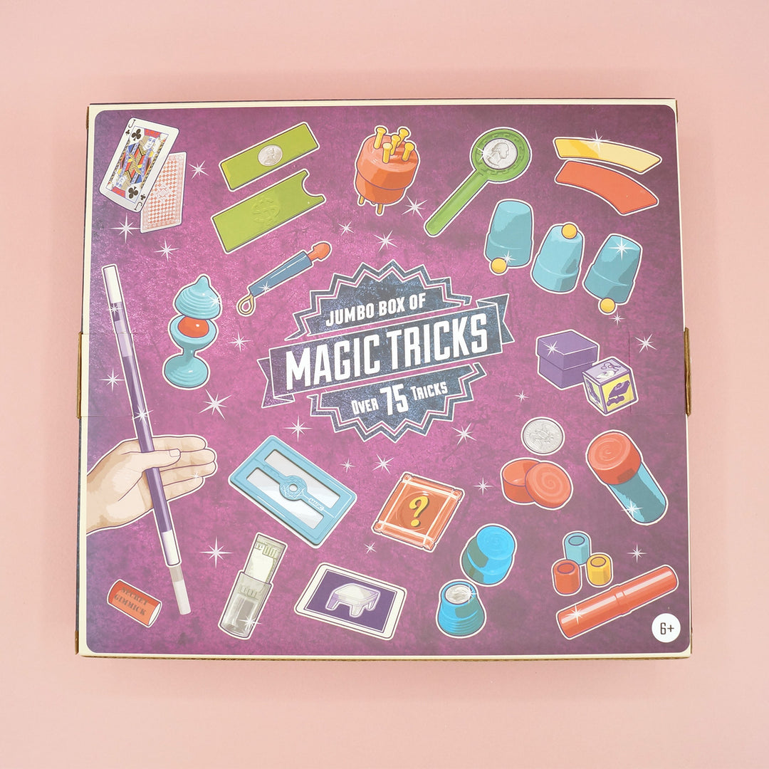 A box with various magic trick items on the front. Cover says Jumbo Box of Magic Tricks - Over 75 Tricks!