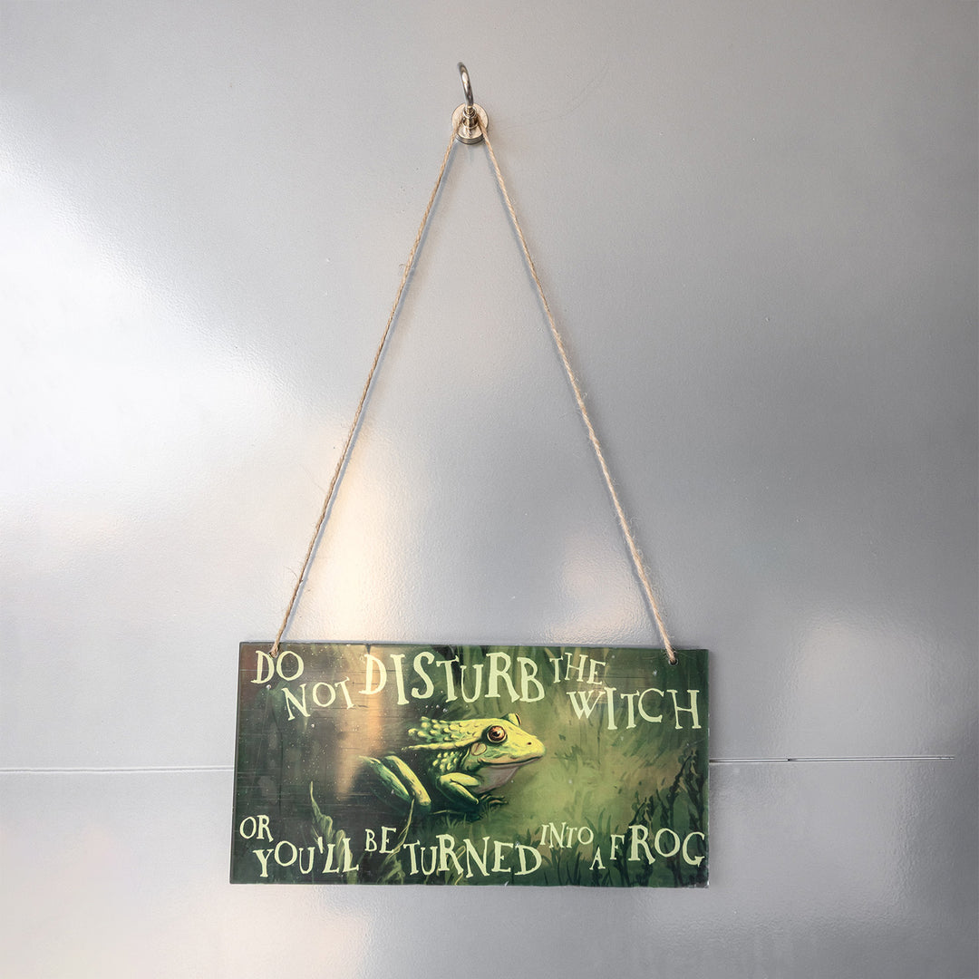 A rectangular green metal sign hanging from a hook. The sign shows a photo of a frog and the quote: Do Not Disturb the Witch or You'll Be Turned Into a Frog.