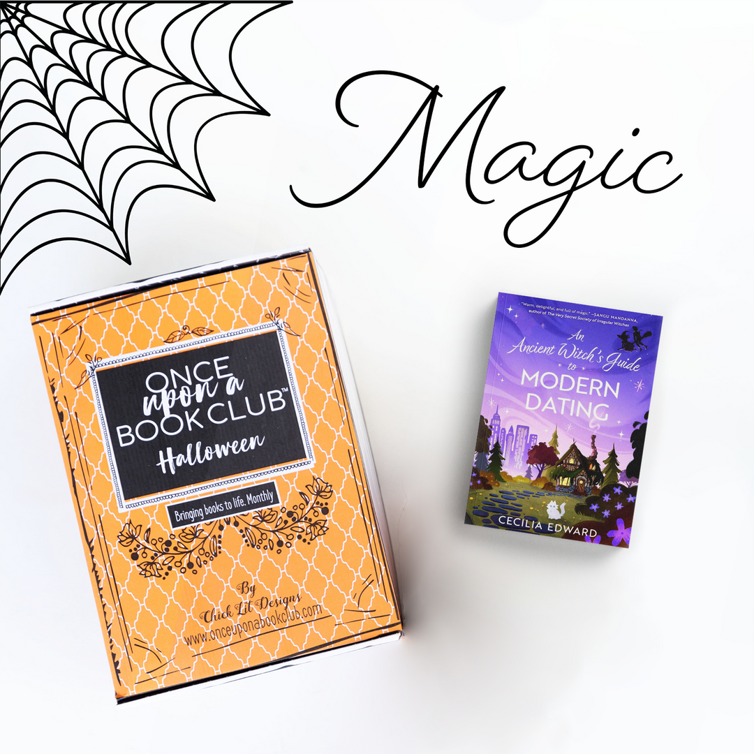 An orange Once Upon a Book Club Halloween Box next to a paperback edition of An Ancient Witch's Guide to Modern Dating by Cecilia Edward. A black spiderweb and the word Magic are at the top of the image.
