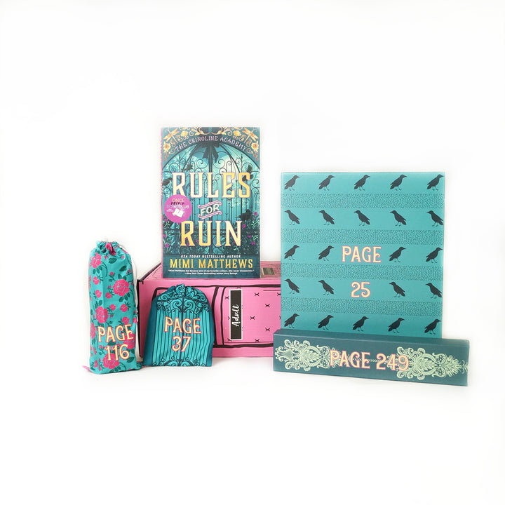 A paperback edition of Rules for Ruin stands on a pink OUABC box. In front of the box are four turquoise, themed wrapped gifts that match the book cover, labeled with page numbers.