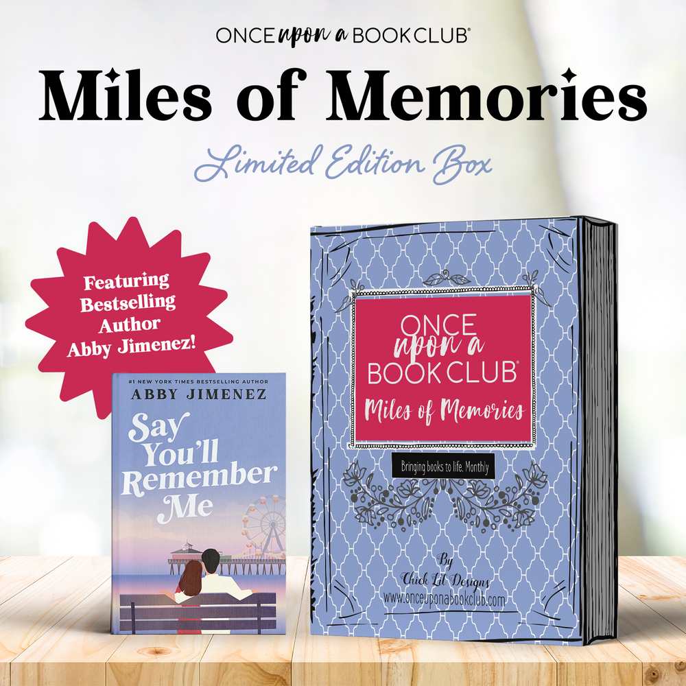 A hardcover, exclusive edition of "Say You'll Remember Me" by Abby Jimenez stands next to a purple "Miles of Memories" box.