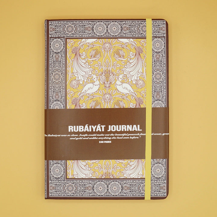 a brown rubaiyat journal with a yellow page marker