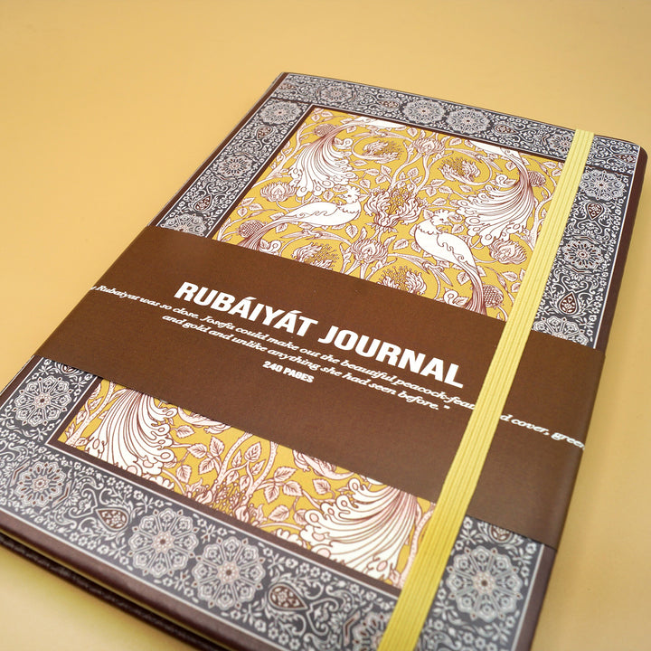 a brown rubaiyat journal with a yellow page marker