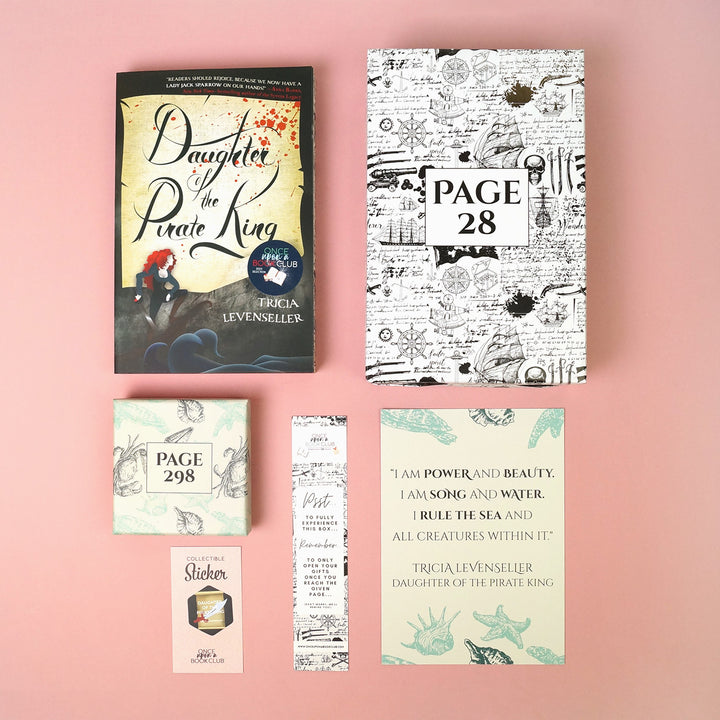 A paperback copy of 'Daughter of the Pirate King' by Tricia Levenseller with stenciled page edges, two wrapped gifts labeled with page numbers, a quote print, bookmark, and collectible sticker.