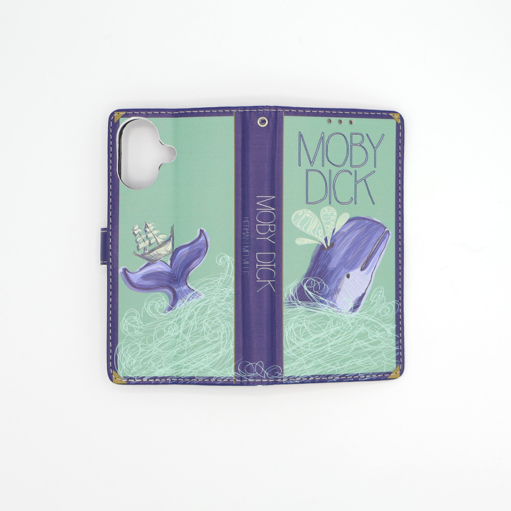 The front and back cover of a book-shaped phone case inspired by Moby Dick by Herman Melville.