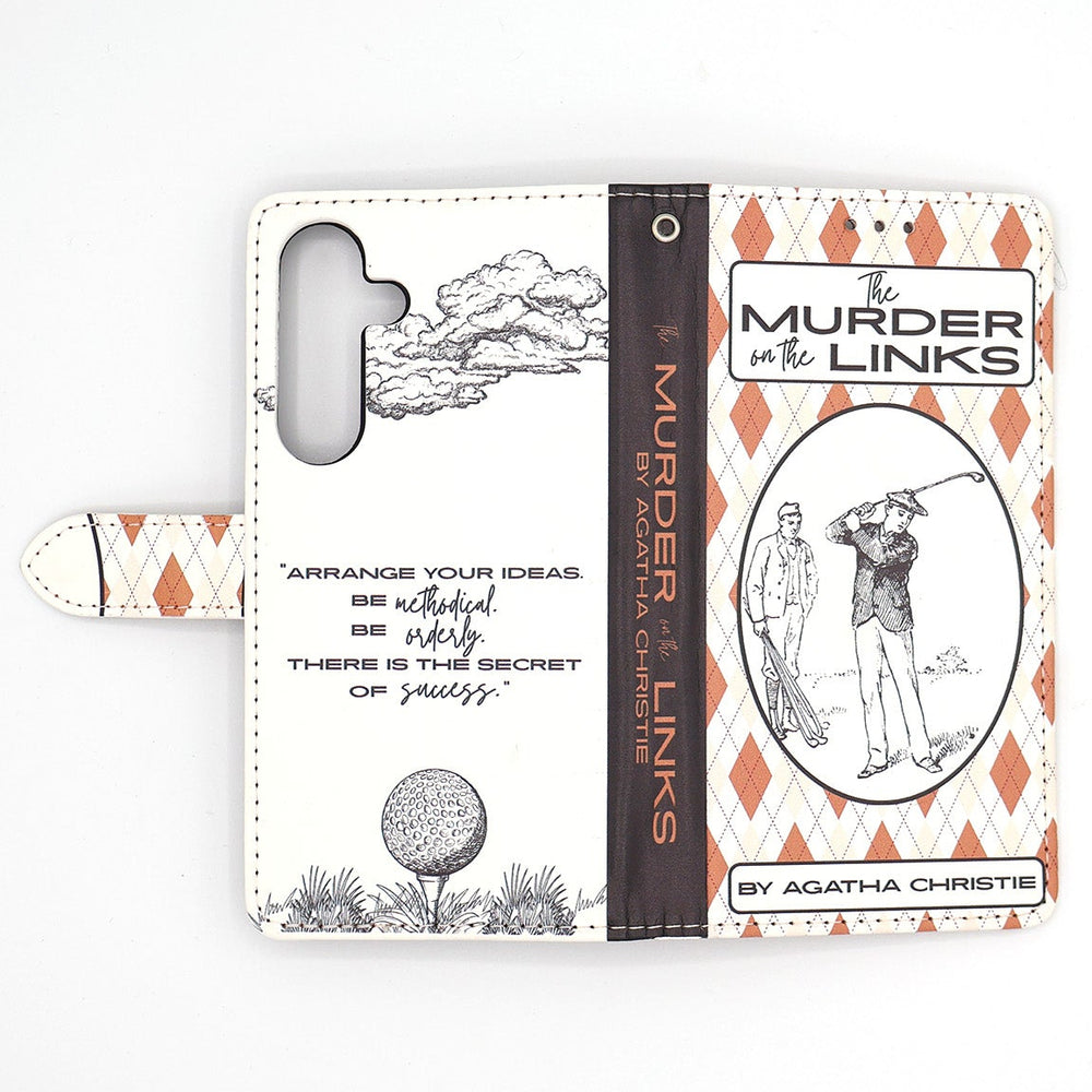 Phone case with 'Murder on the Links' book design and golf-themed illustrations.