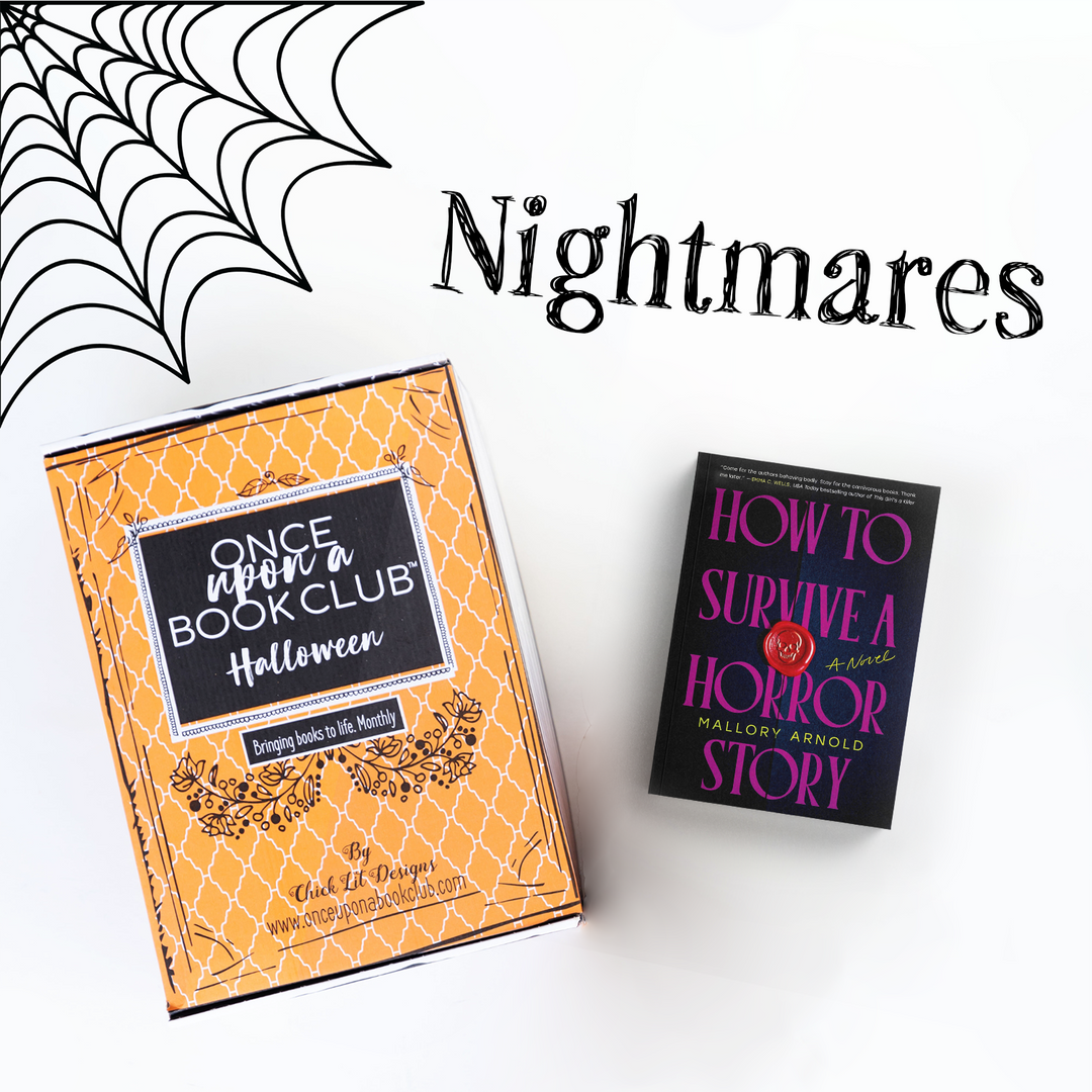 An orange Once Upon a Book Club Halloween Box next to a hardcover edition of How to Survive a Horror Story by Mallory Arnold. A black spiderweb and the word Nightmares are at the top of the image