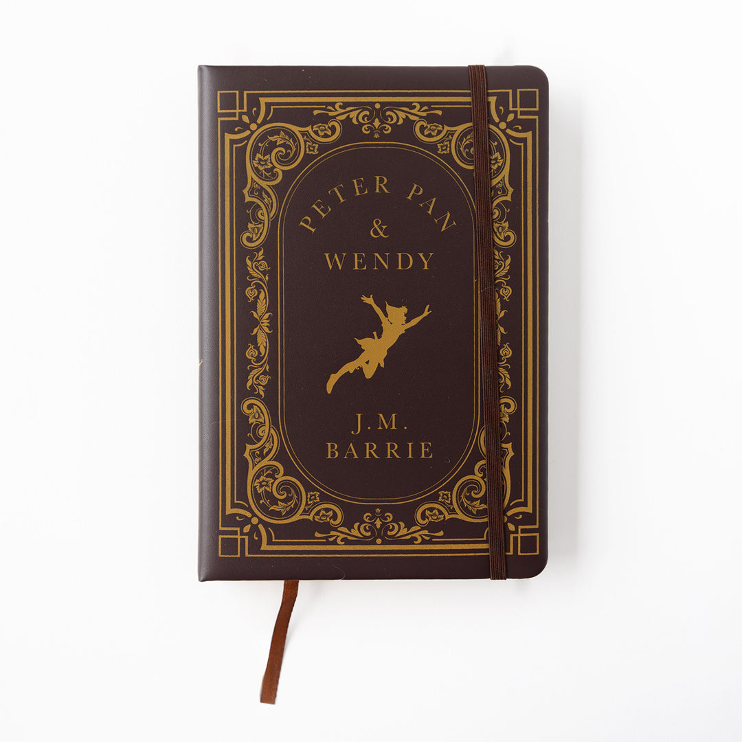 A brown notebook labeled Peter Pan & Wendy - J.M. Barrie with an image of Peter Pan's silhouette in the center.