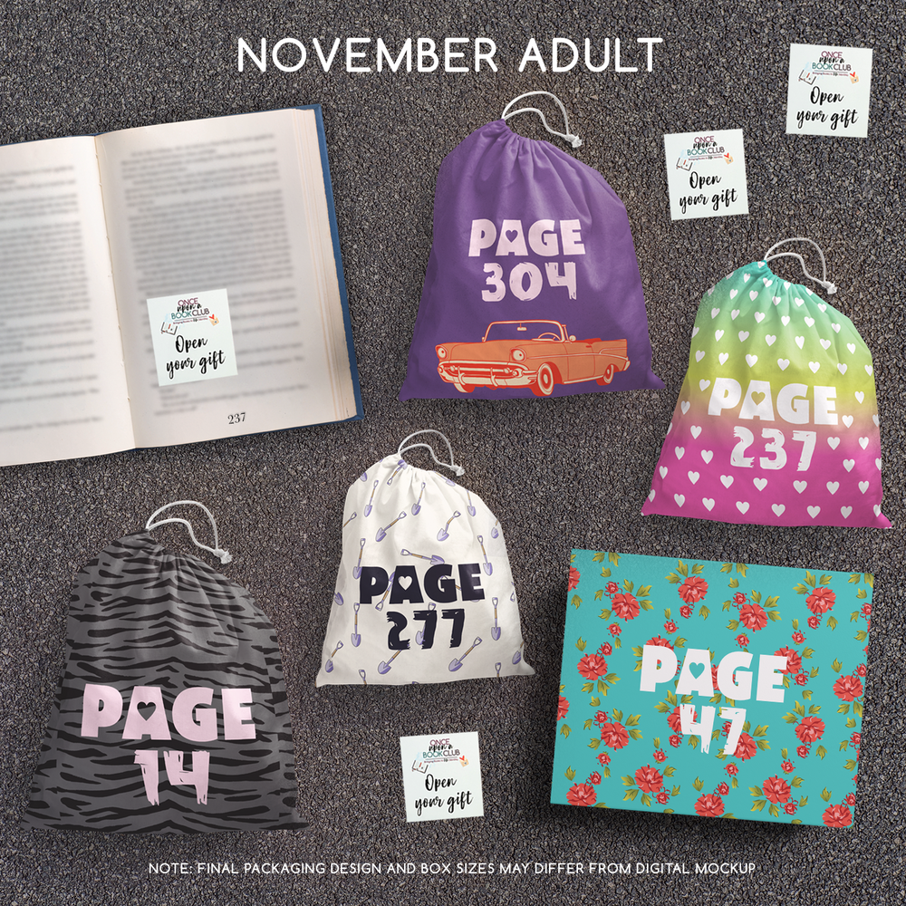 A set of five wrapped gifts labeled with page numbers and open your gift sticky notes, designed to match this month's featured book selection!