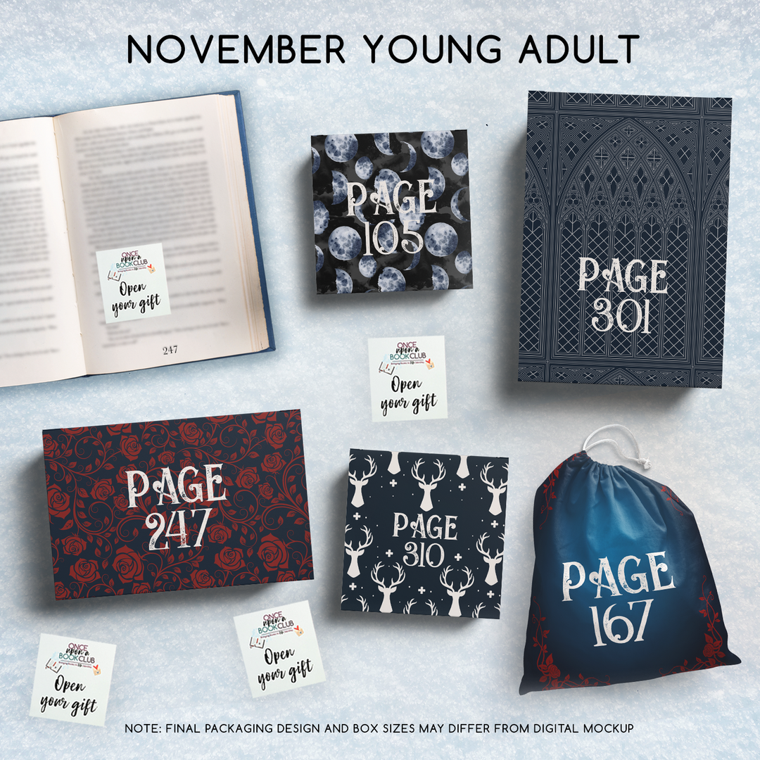 A set of five wrapped gifts labeled with page numbers and open your gift sticky notes, designed to match this month's featured book selection!