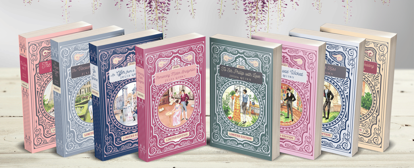 hardcover special editions of Bridgerton Books 1-8 stand in order from left to right