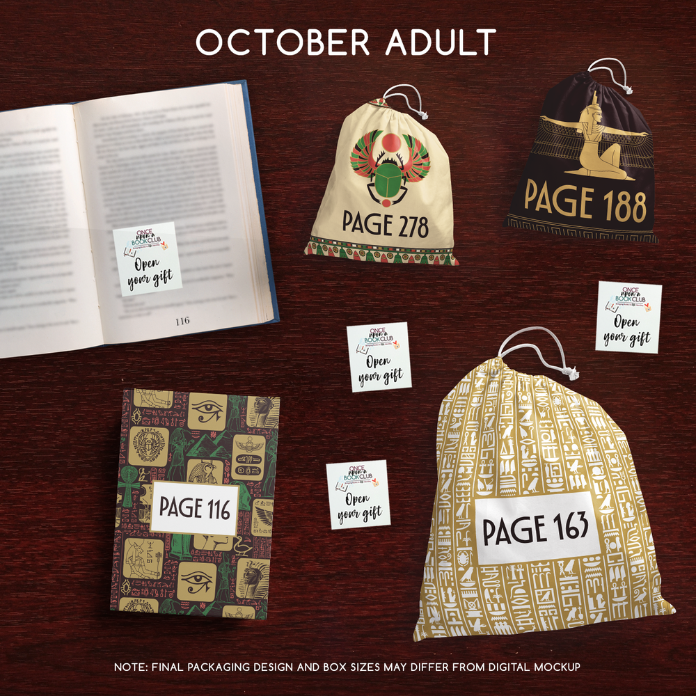 A set of four wrapped gifts labeled with page numbers and open your gift sticky notes, designed to match this month's featured book selection!