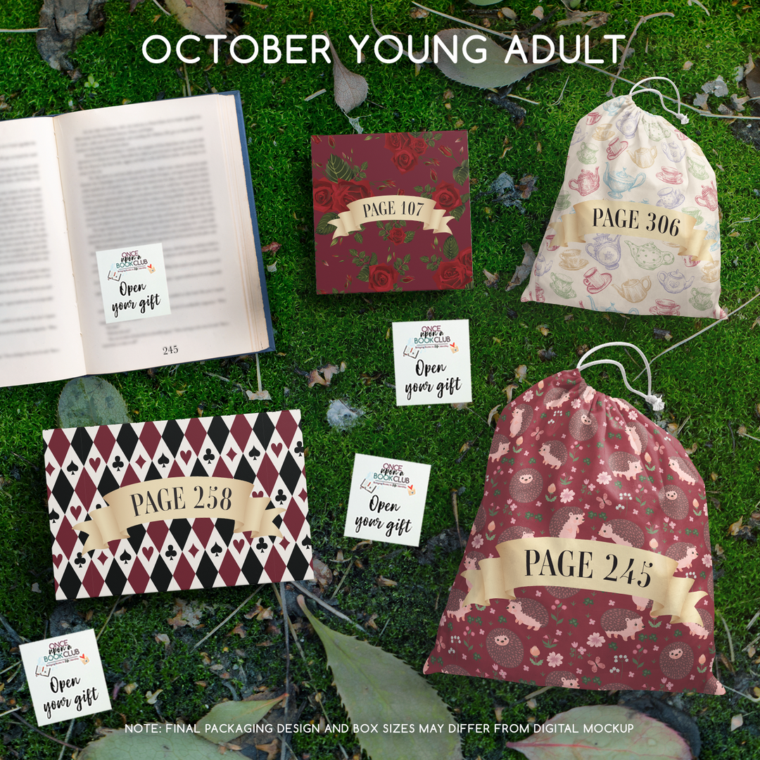 A set of four wrapped gifts labeled with page numbers and open your gift sticky notes, designed to match this month's featured book selection!