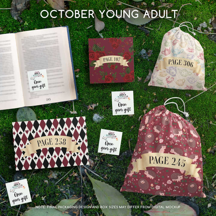 A set of four wrapped gifts labeled with page numbers and open your gift sticky notes, designed to match this month's featured book selection!