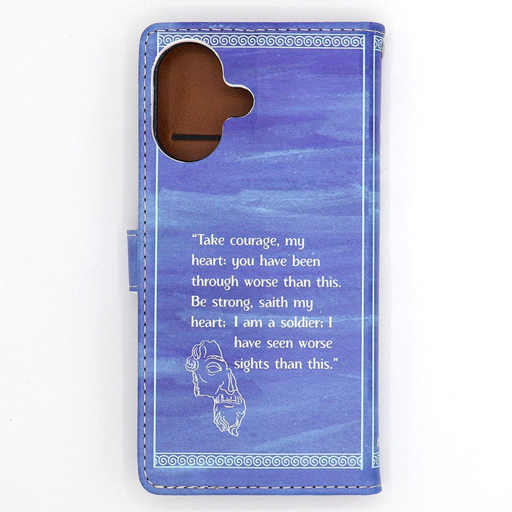 Blue phone case with text and a Greek sketch design on a white background