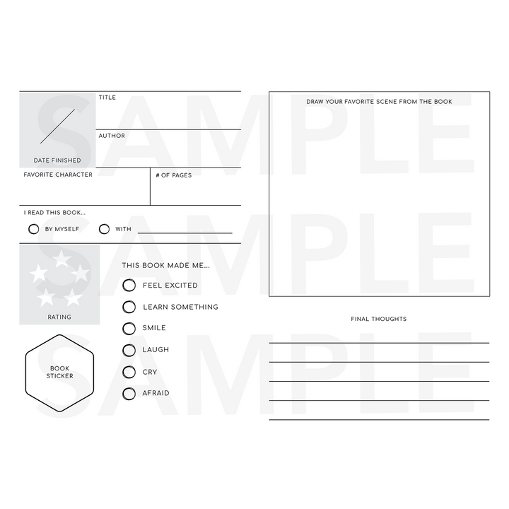 Printable book journal page with sections for favorite scenes, thoughts, ratings, and emotions.