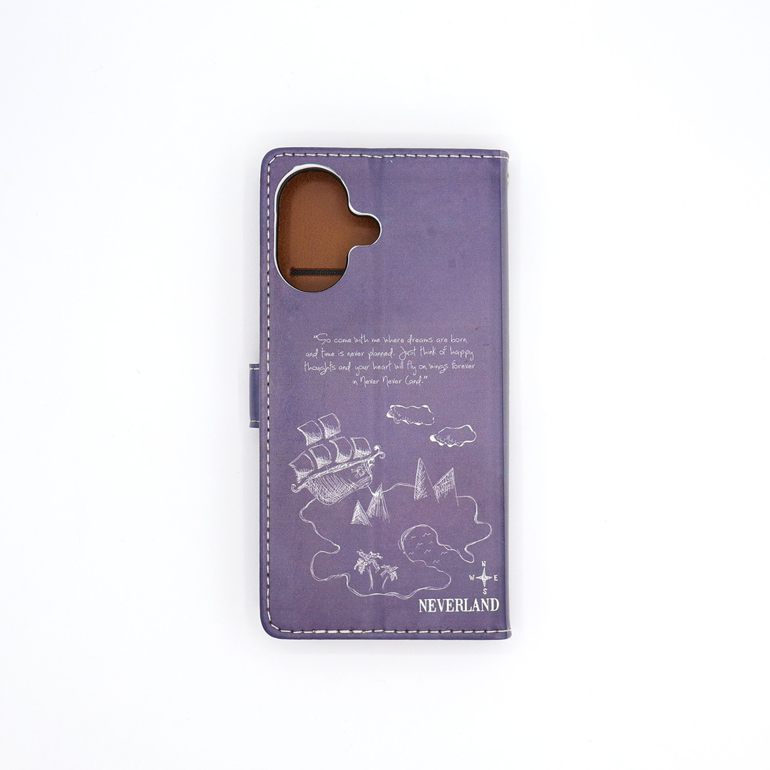 The back cover of a book-shaped phone case inspired by Peter Pan by J.M. Barrie.