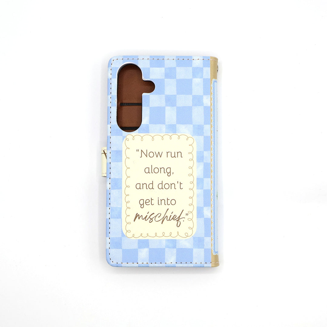 Phone case with blue checkered pattern and text on a white background