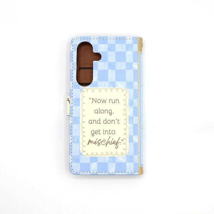 Phone case with blue checkered pattern and text on a white background