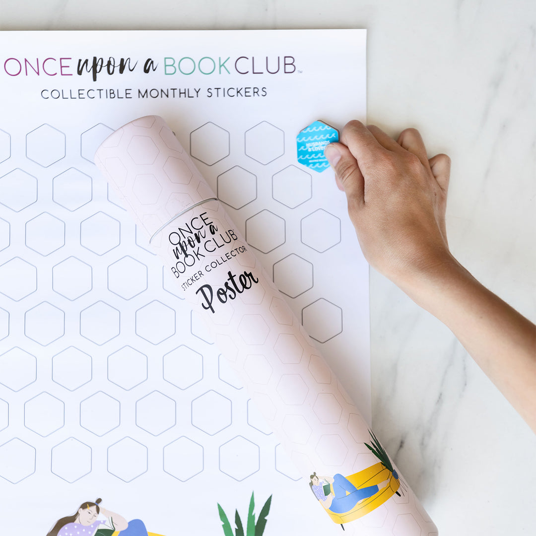Sticker collector poster with a hand placing a "Once Upon a Book Club" monthly sticker on it.