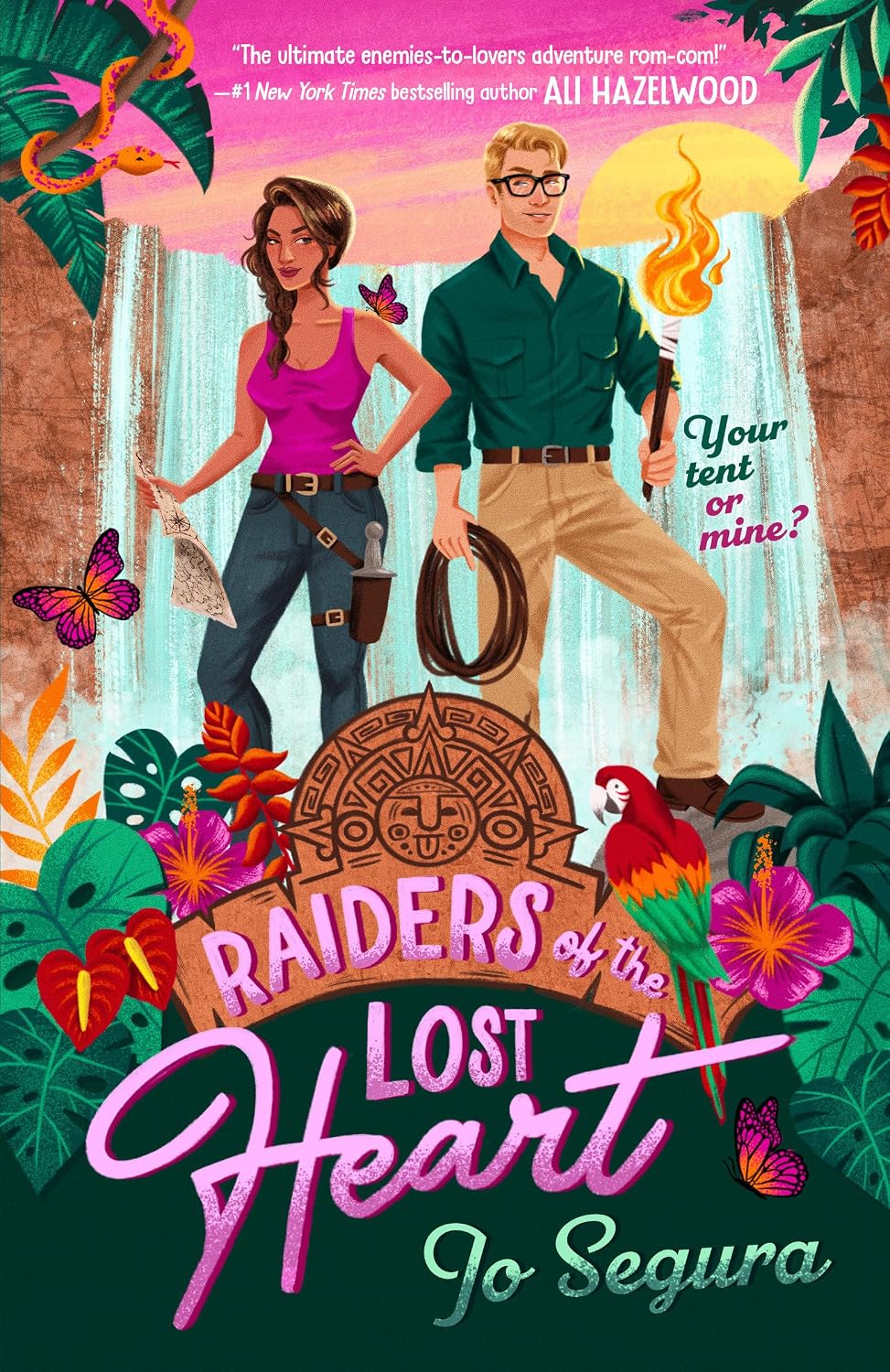 Book cover of 'Raiders of the Lost Heart' with two rivals-to-lovers designed characters in a tropical setting.