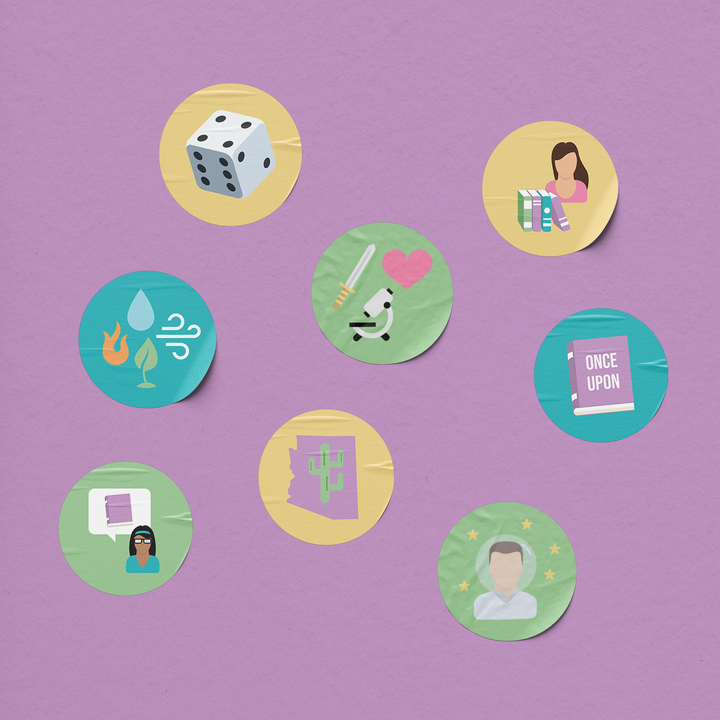 A collection of colorful circular sticker icons arranged on a solid lavender-purple background. The stickers feature various flat illustrations including a die, books, a microscope, a book titled 'ONCE UPON', a map of Arizona, and other symbols.