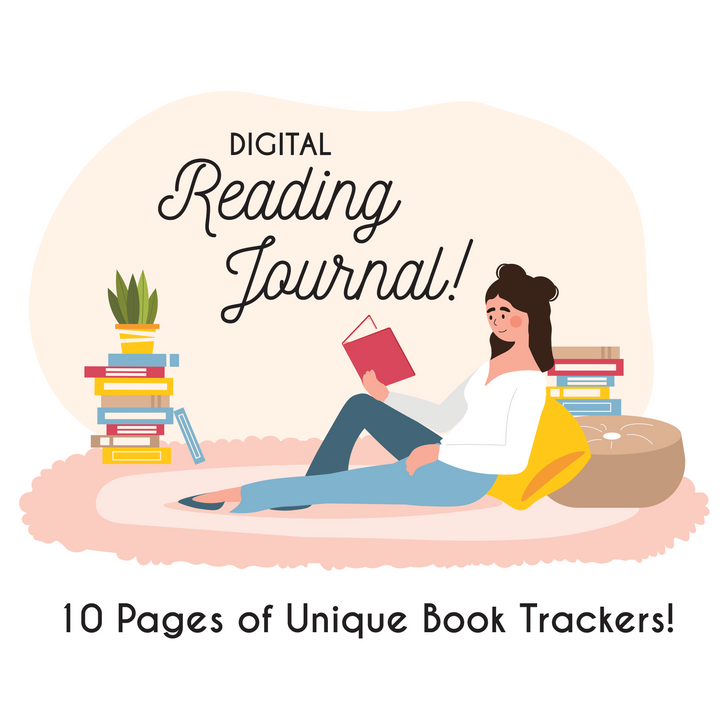 Illustration promoting a digital reading journal, 10 pages of book trackers and reading tools.