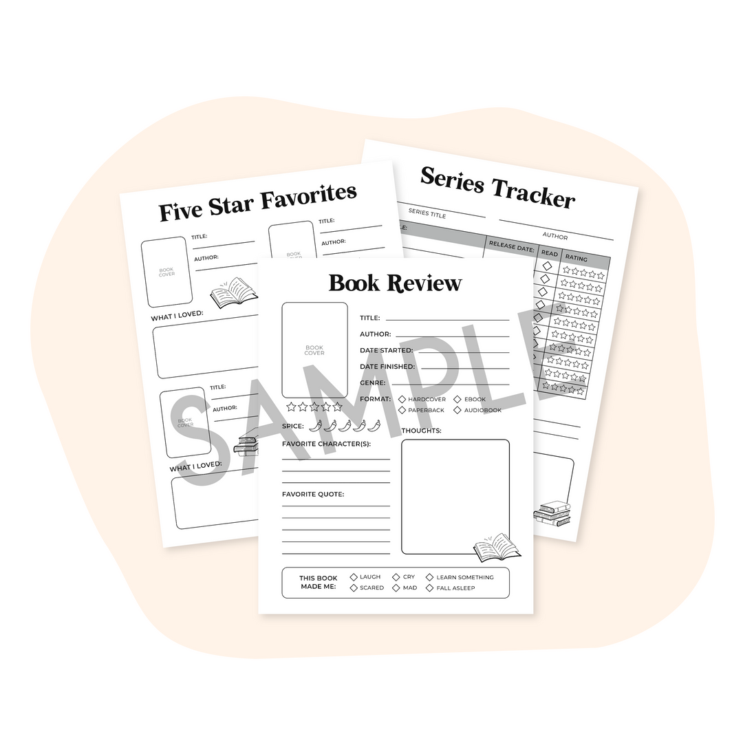 Printable reading journal pages with a book review, series tracker, and five-star favorites layout.