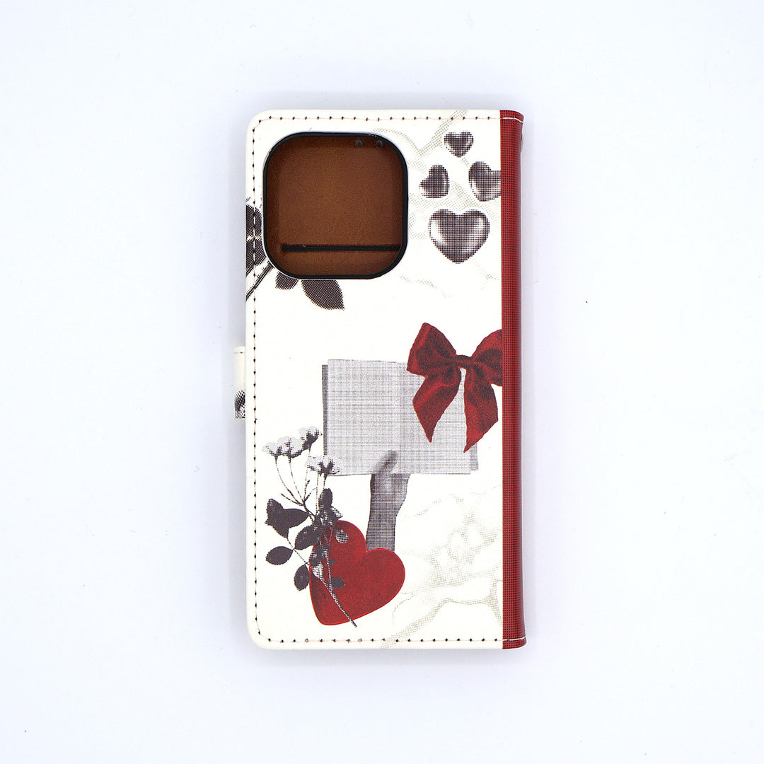 Phone case with heart and bow design on a white background