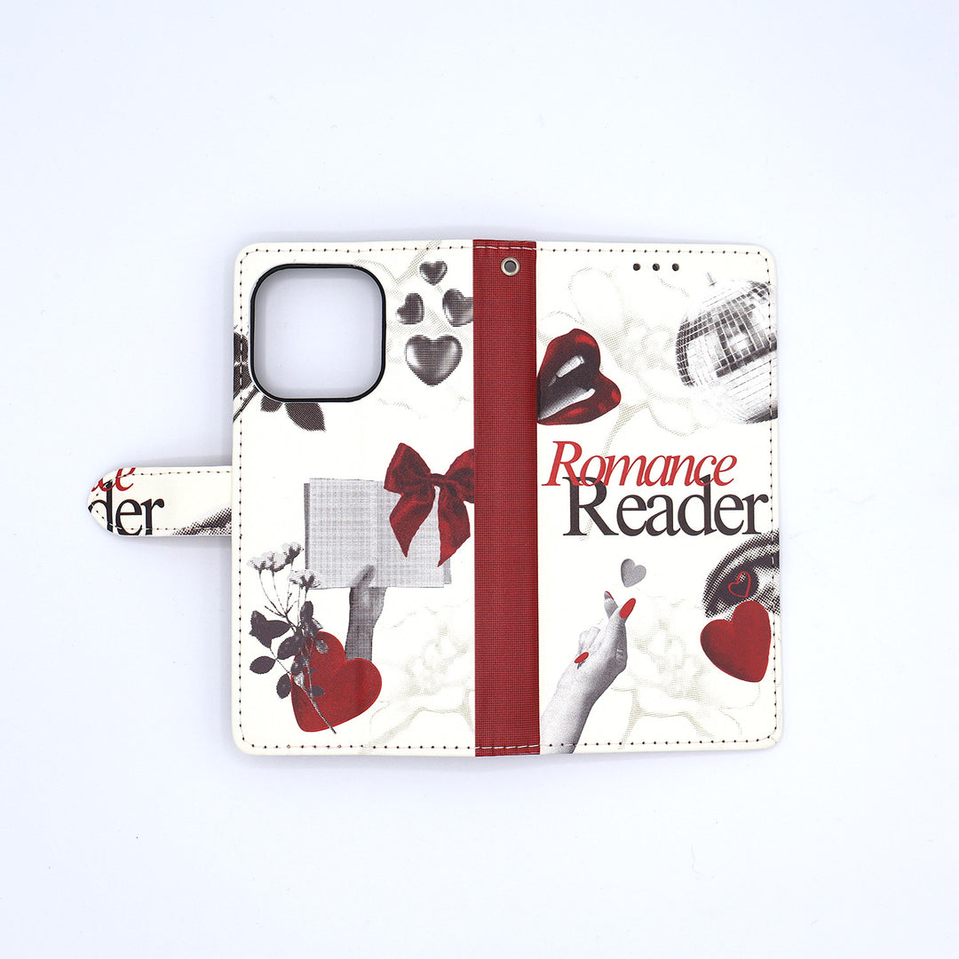 Phone case with romance reader design on a white background