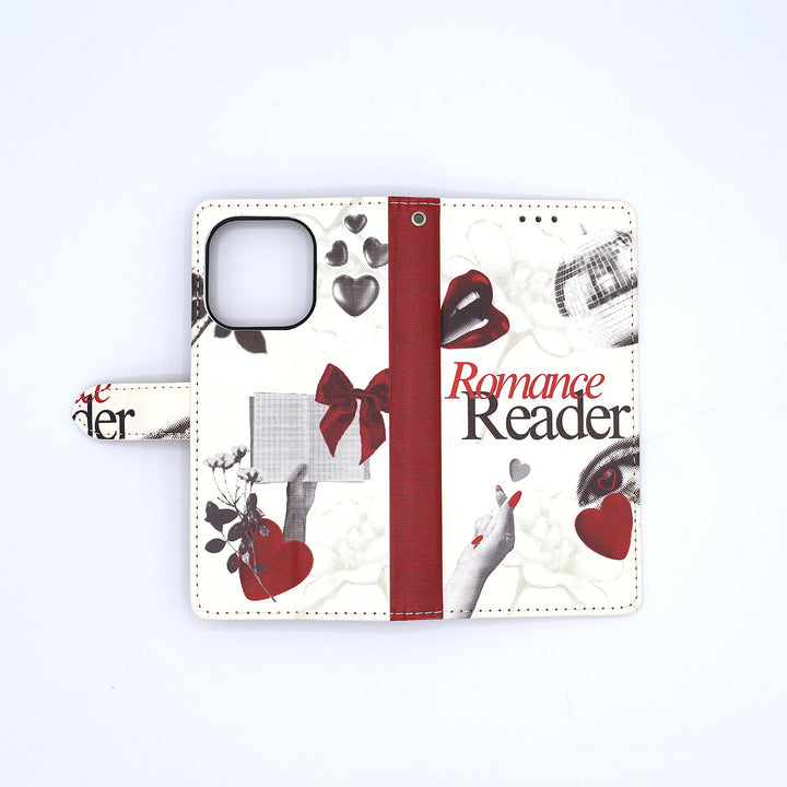 Phone case with romance reader design on a white background