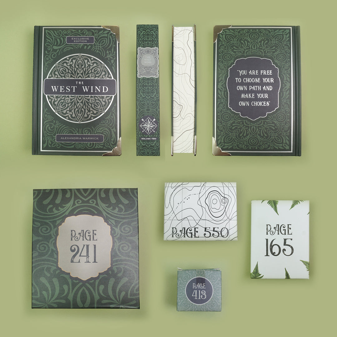 a hardcover special edition of The West Wind - showing the front, spine, edges, and back. The back cover has the quote "You are free to choose your own path and make your own choices." Below it are two green boxes and two white boxes