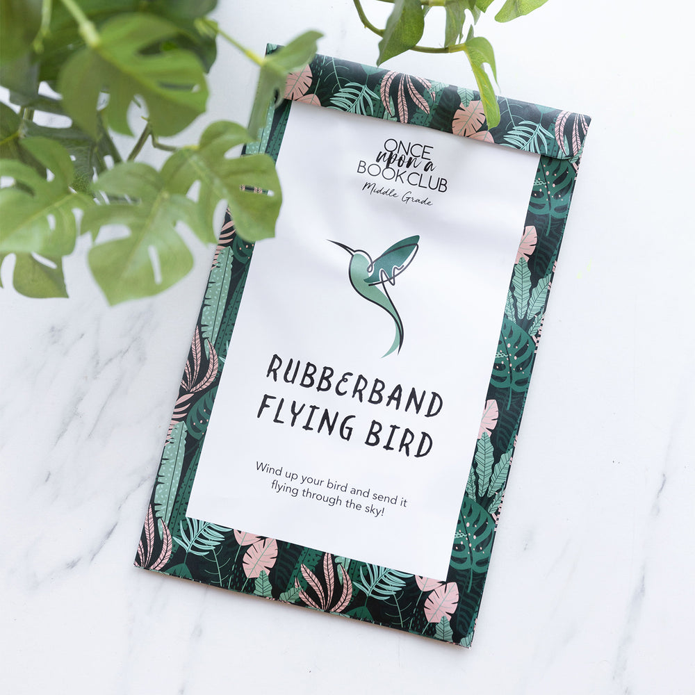 a rectangular box labeled Rubberband Flying Bird with an image of a hummingbird on it, on a marble background