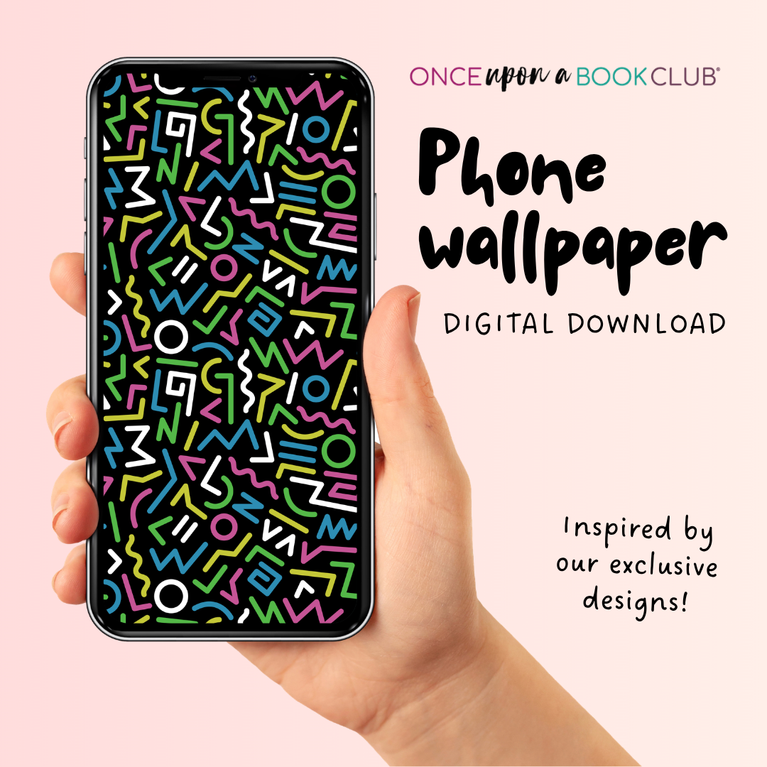 A hand holds a smartphone displaying a colorful abstract geometric wallpaper pattern. The background is a soft light pink with promotional text reading 'Phone wallpaper DIGITAL DOWNLOAD' and 'Once upon a Book Club'.
