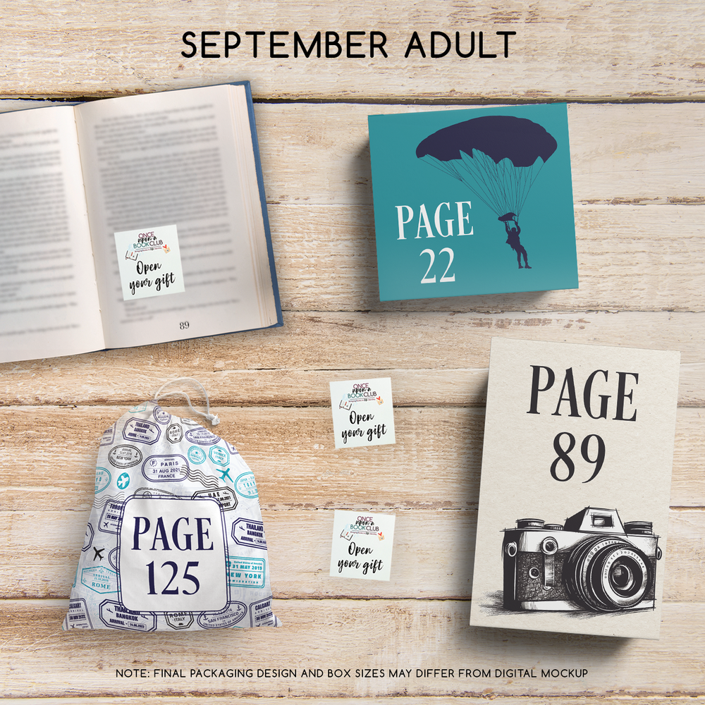 September Adult Once Upon a Book Club gifts are designed in aesthetic packaging colors and patterns to match the book cover/theme of the novel. Each gift is labeled with a page number, signifying when the gift is described within the story.
