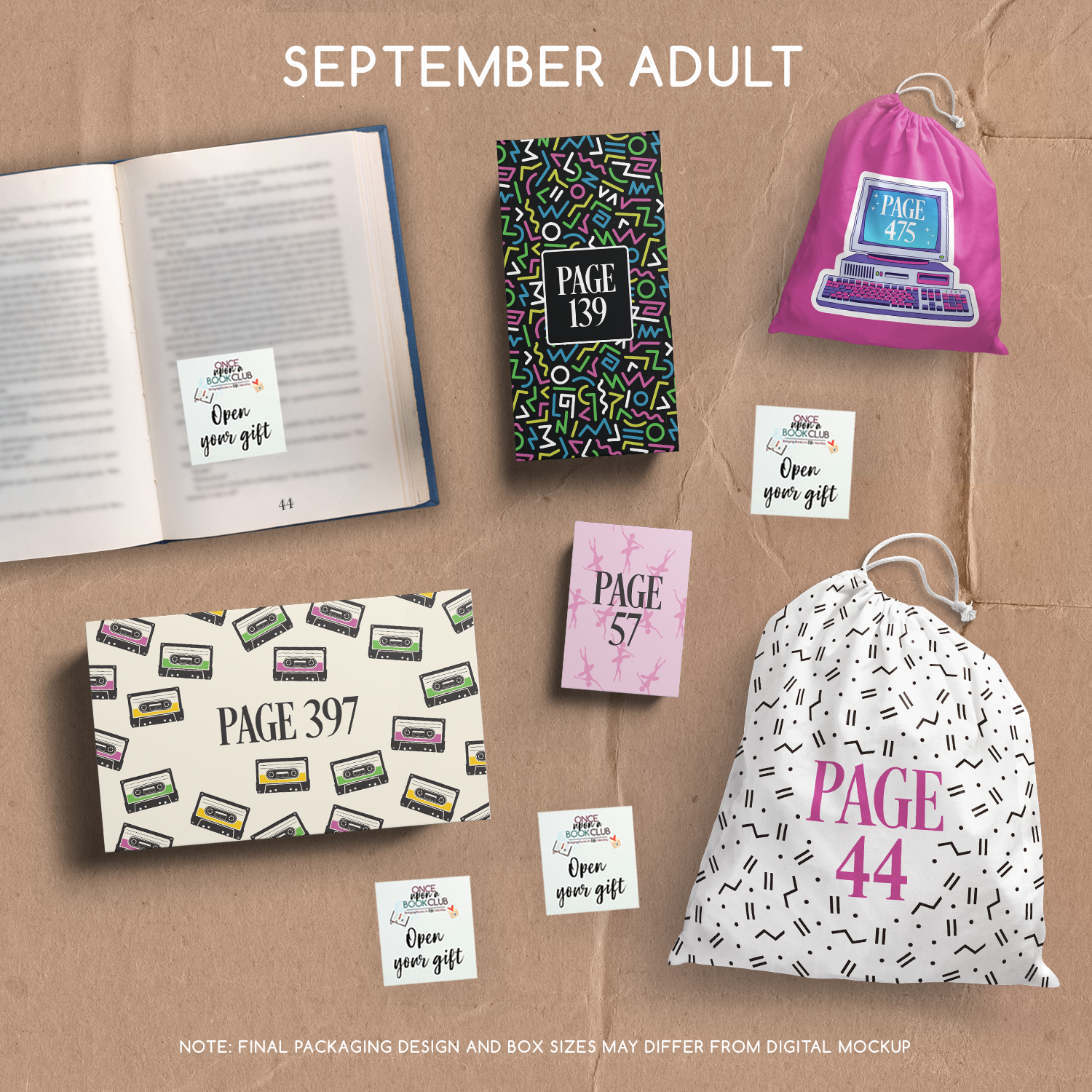 A set of five wrapped gifts labeled with page numbers and open your gift sticky notes, designed to match this month's featured book selection!