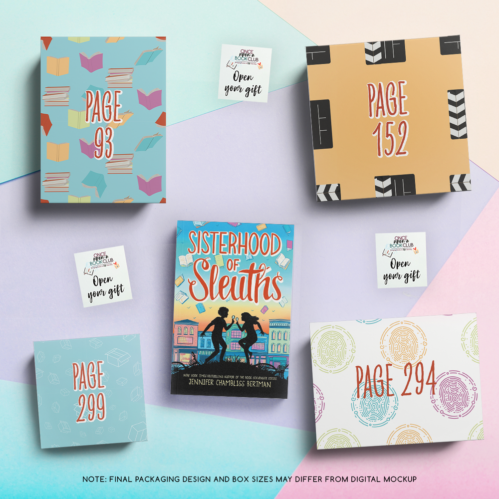 September Tween Book Club mockup with page-numbered gifts and vibrant, themed packaging designs.