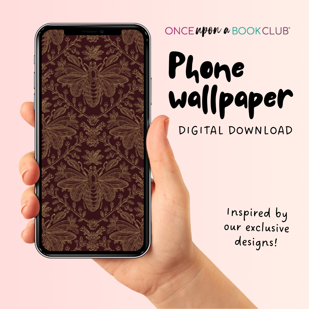 A hand holds a smartphone displaying a dark brown wallpaper pattern with intricate vintage-style floral and insect motifs. The background is a soft light pink, with promotional text reading 'Phone wallpaper DIGITAL DOWNLOAD' and 'Inspired by our exclusive designs!' plus the 'Once Upon a Book Club' logo.