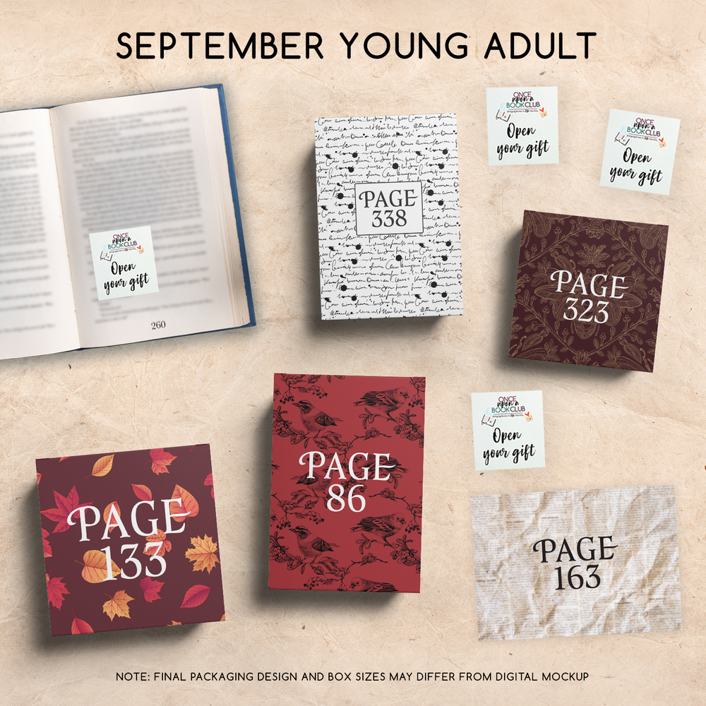 A set of five wrapped gifts labeled with page numbers and open your gift sticky notes, designed to match this month's featured book selection!