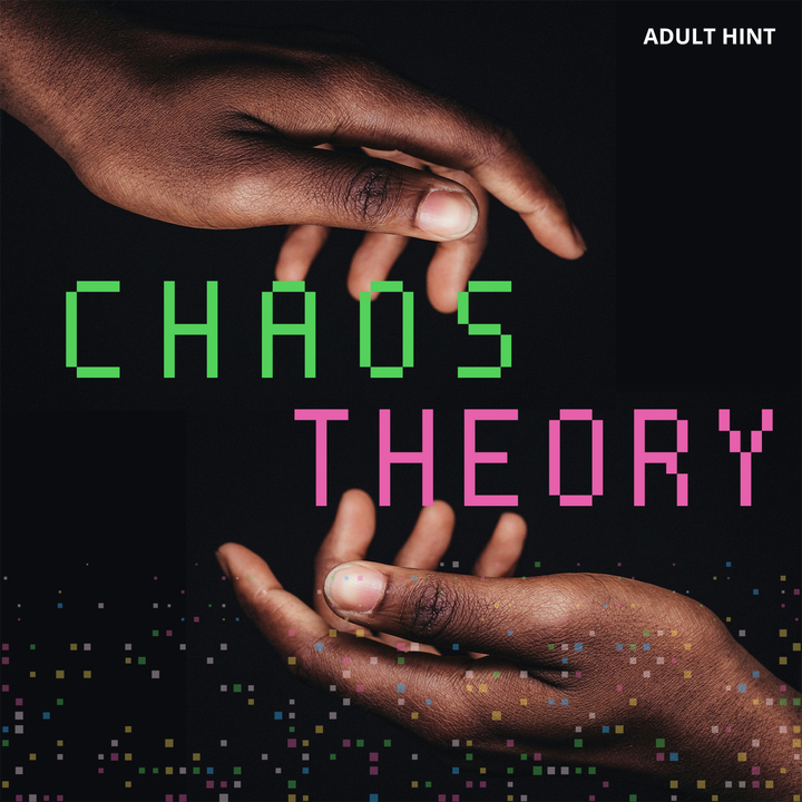 The Once Upon a Book Club September Adult hint, 'Chaos Theory' featuring two hands reaching toward each other against a black background, with pixelated green and pink text.