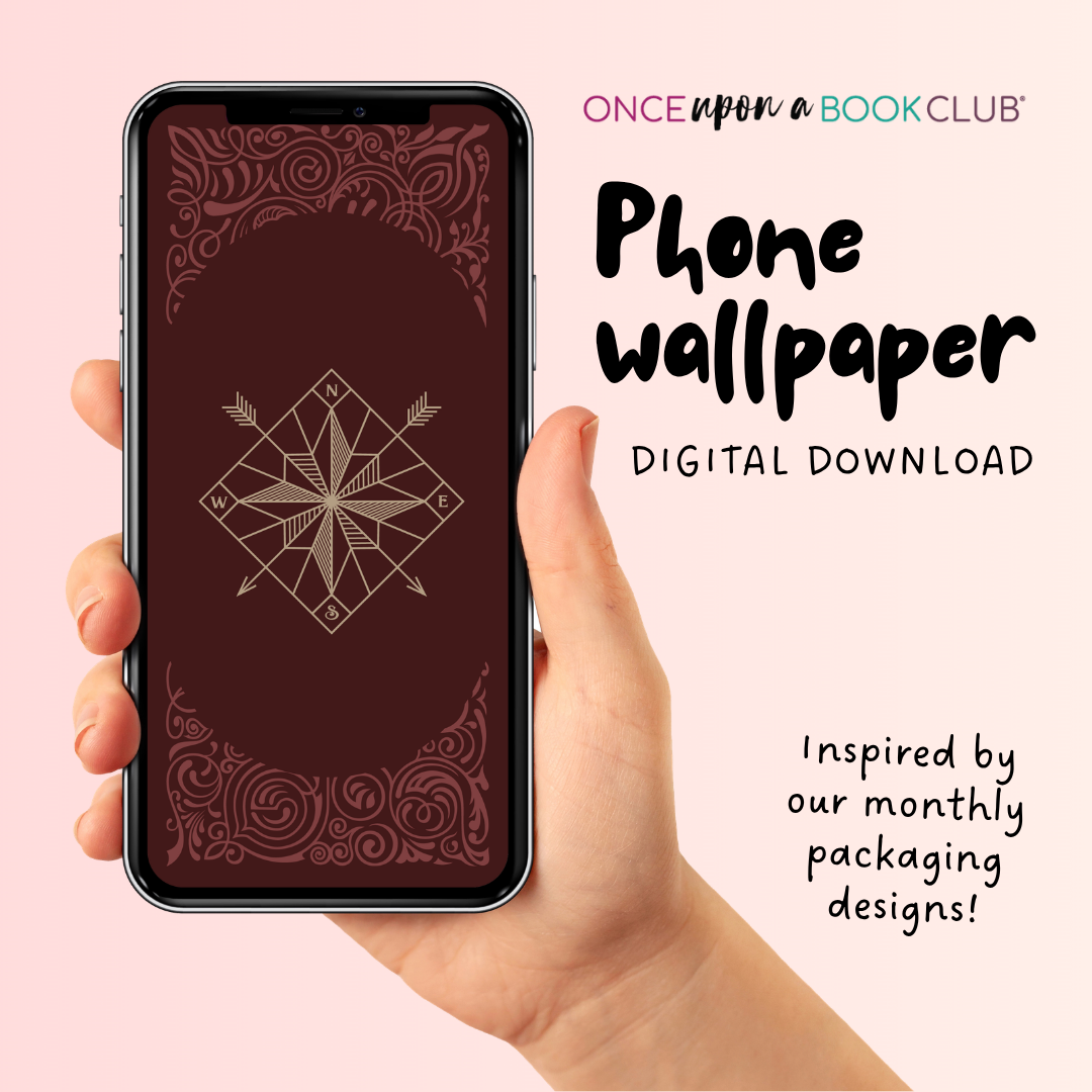 Hand holding a phone with a red decorative wallpaper featuring a compass, promoting a digital download from Once Upon a Book Club.