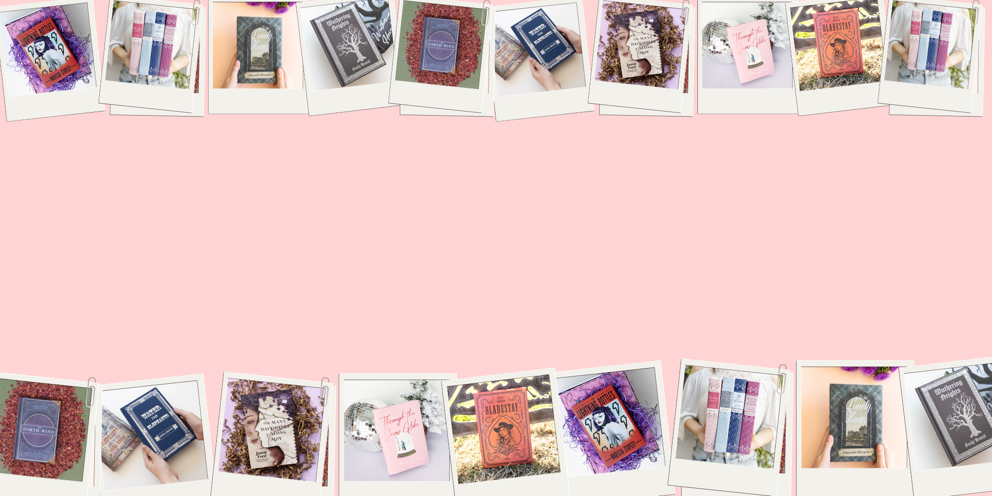 Row of small photo frames featuring special edition books on sale