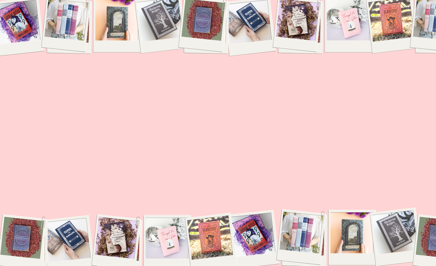 Row of small photo frames featuring special edition books on sale