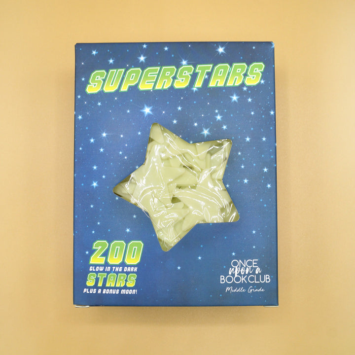 A blue box labeled Superstars 200 glow in the dark stars is on a yellow background