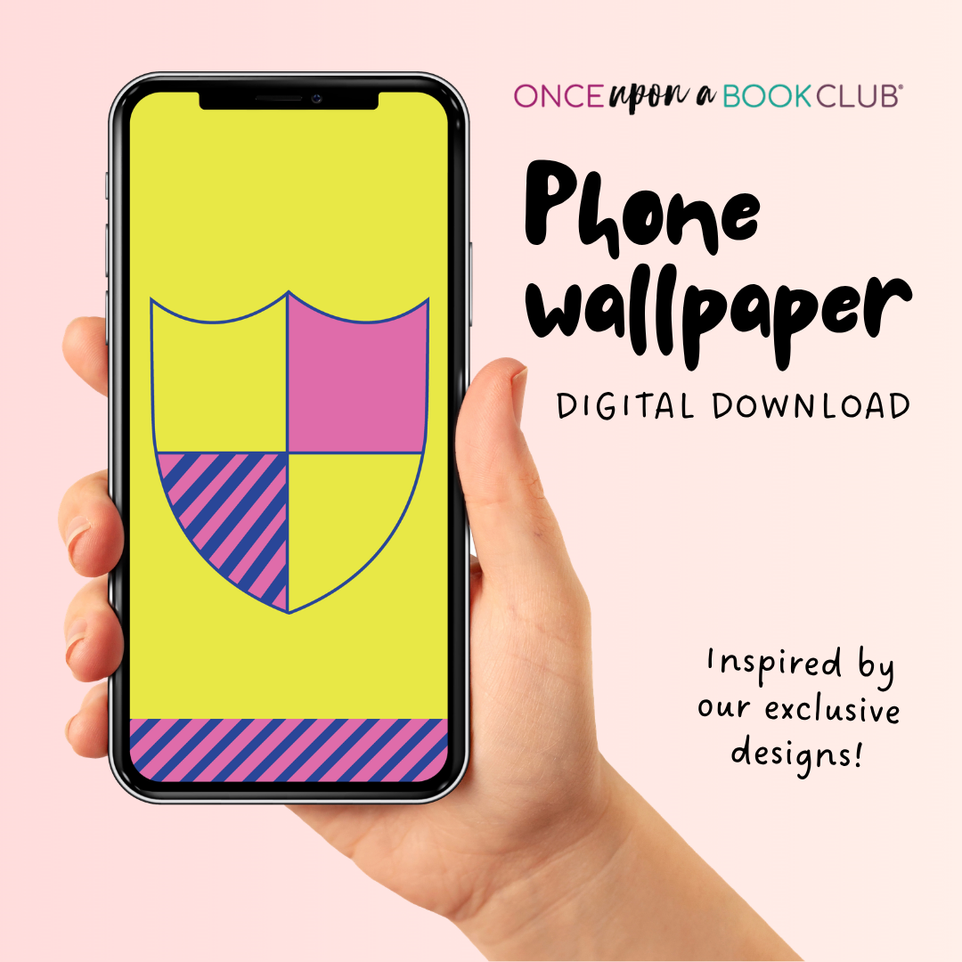 Hand holding a phone with a colorful geometric design on the screen, against a pink background with text about a book club's phone wallpaper offer.