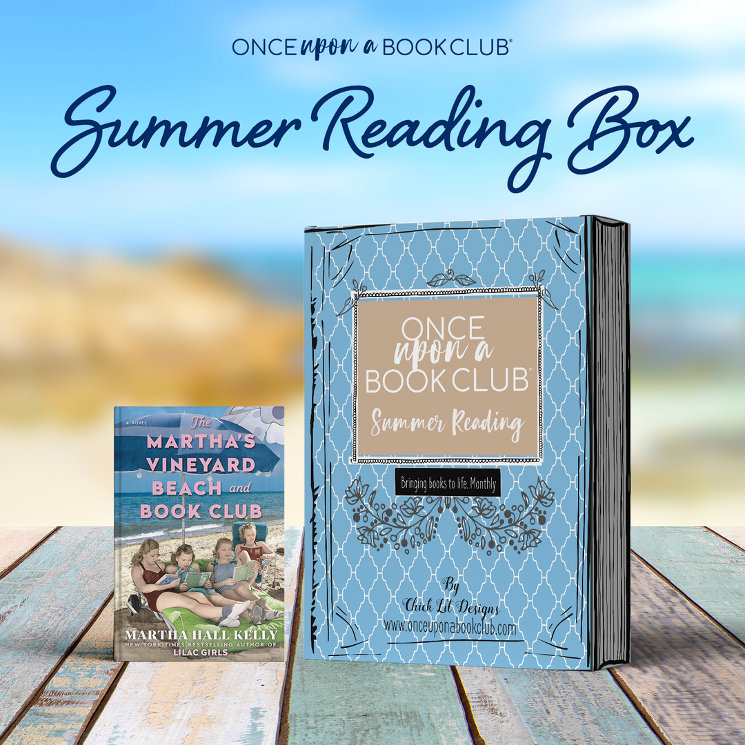 The Summer Reading Box: featuring a hardcover copy of The Martha's Vineyard Beach and Book Club by Martha Hall Kelly, five wrapped gifts labeled with page numbers and a bonus gift of a custom printed beach towel.