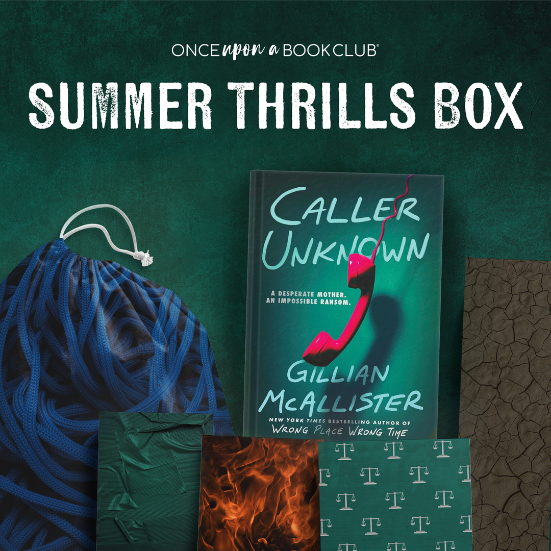 Summer Thrills Box with 'Caller Unknown' book and gift packages on a textured green background