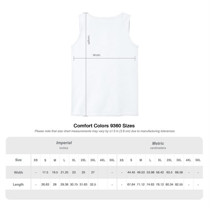 White tank top with size chart on a white background